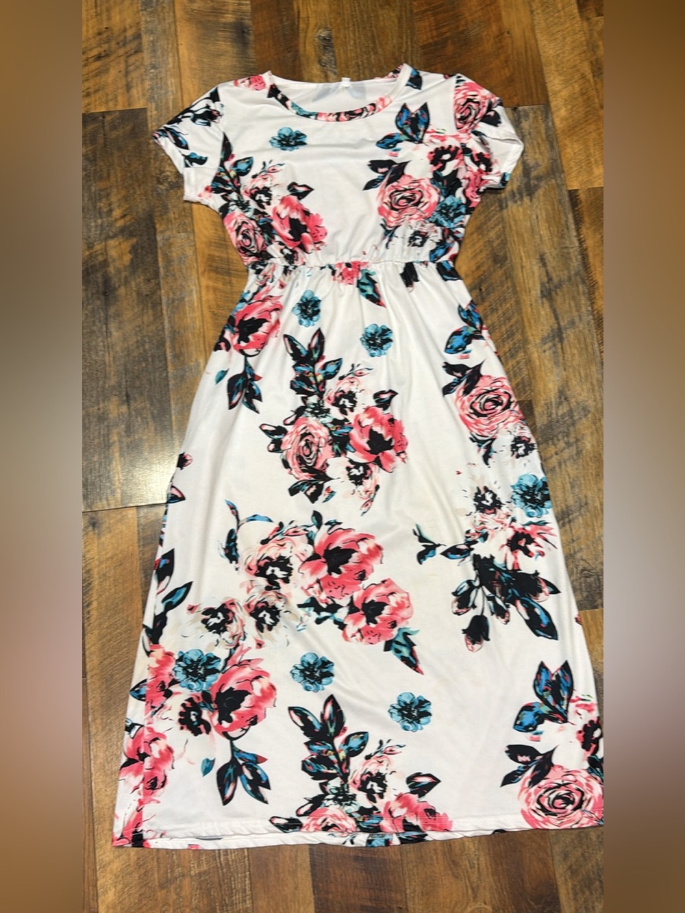 White Maxi Dress with Pink & Teal Floral Print